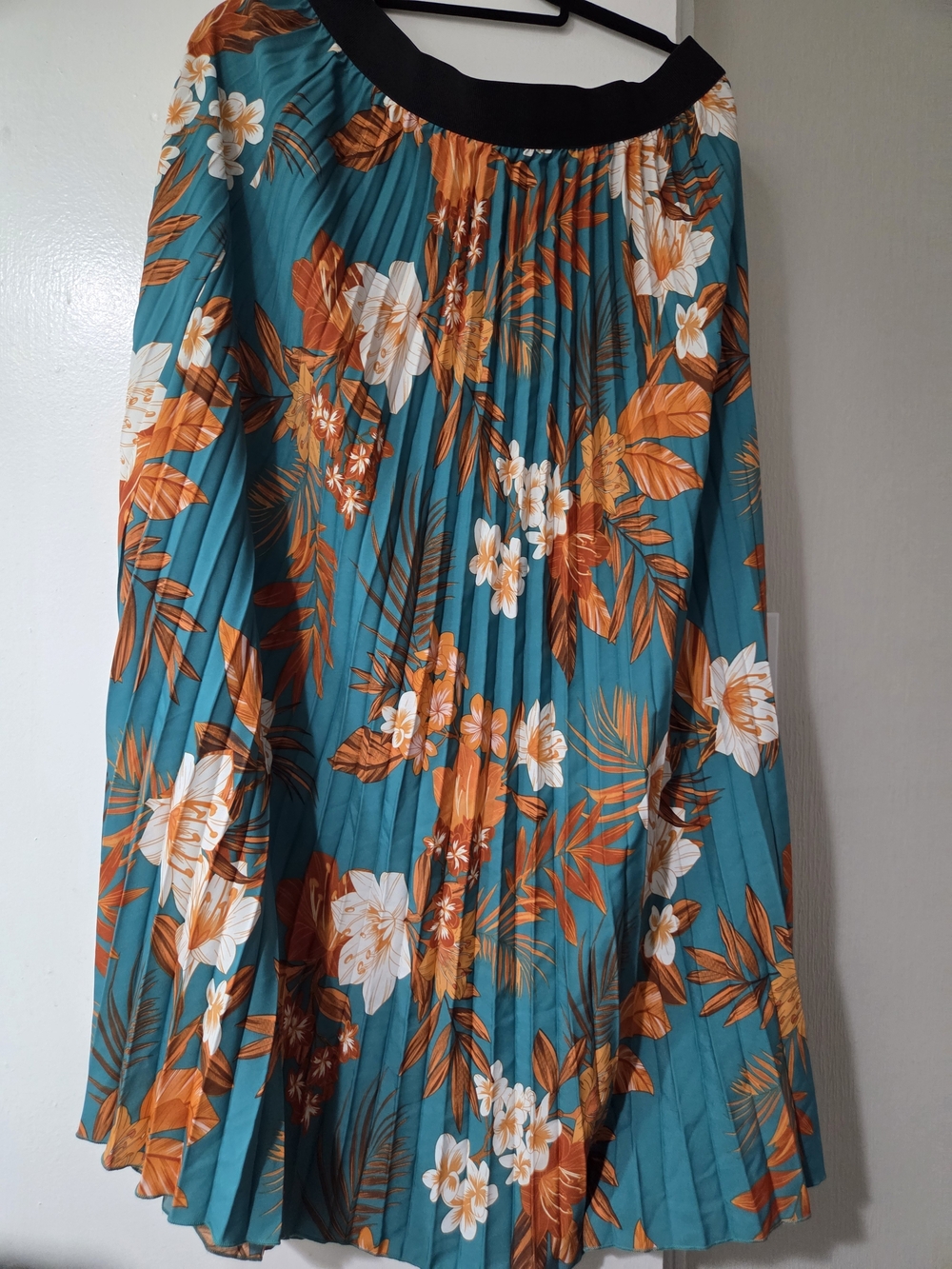 Pleated Teal Floral Midi Skirt - Teal & Orange